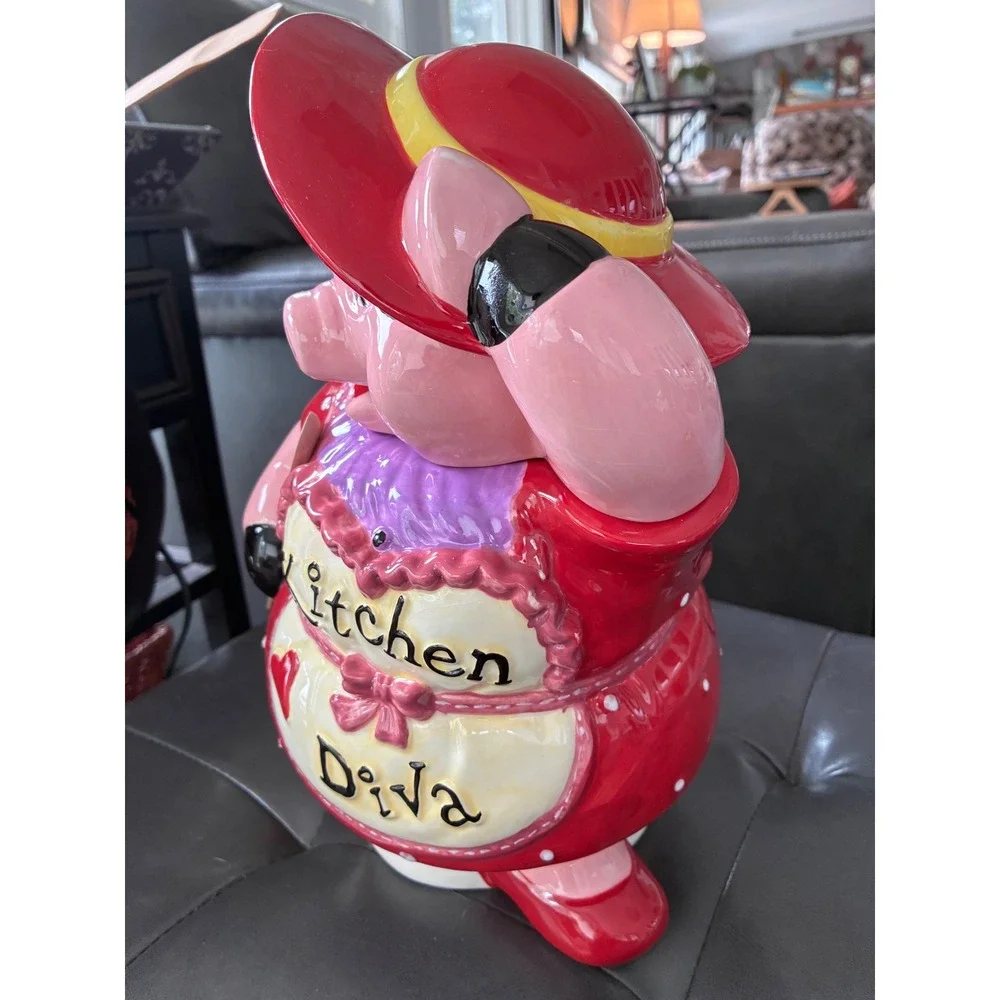 Kitchen Diva Pig Cookie Jar Red Polka Dot Dress Ceramic Novelty Vintage Style